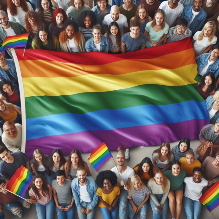 Rainbow flag waiving over diverse group of people