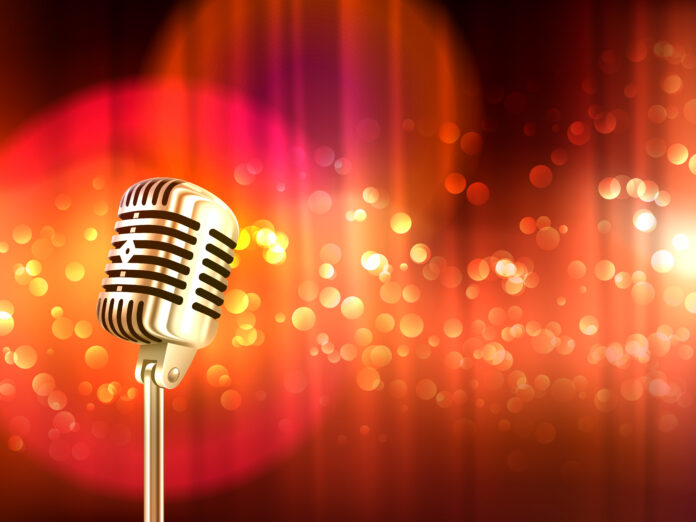 Retro Microphone Vintage Background Poster grammys 2025 microphone with bright red and orange lights