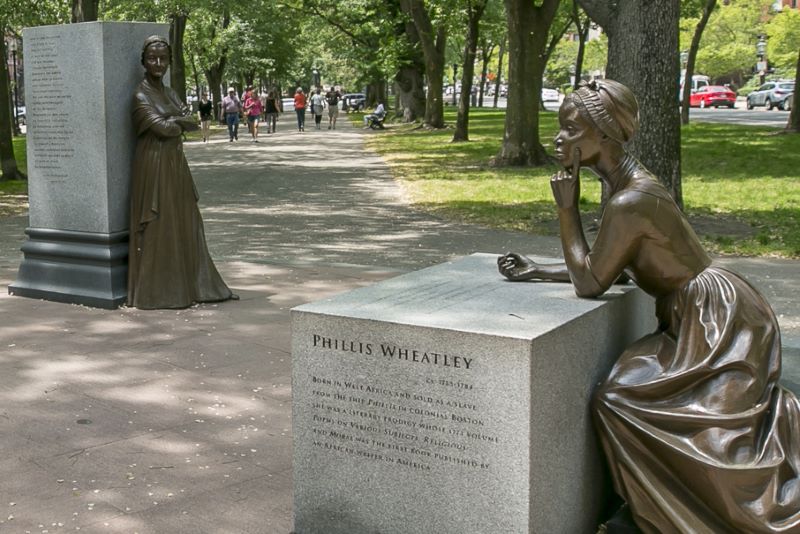 Phillis Wheatley's statue is part of the Boston Heritage Trail. Wheatley is considered the first African-American author of a published book of poetry.