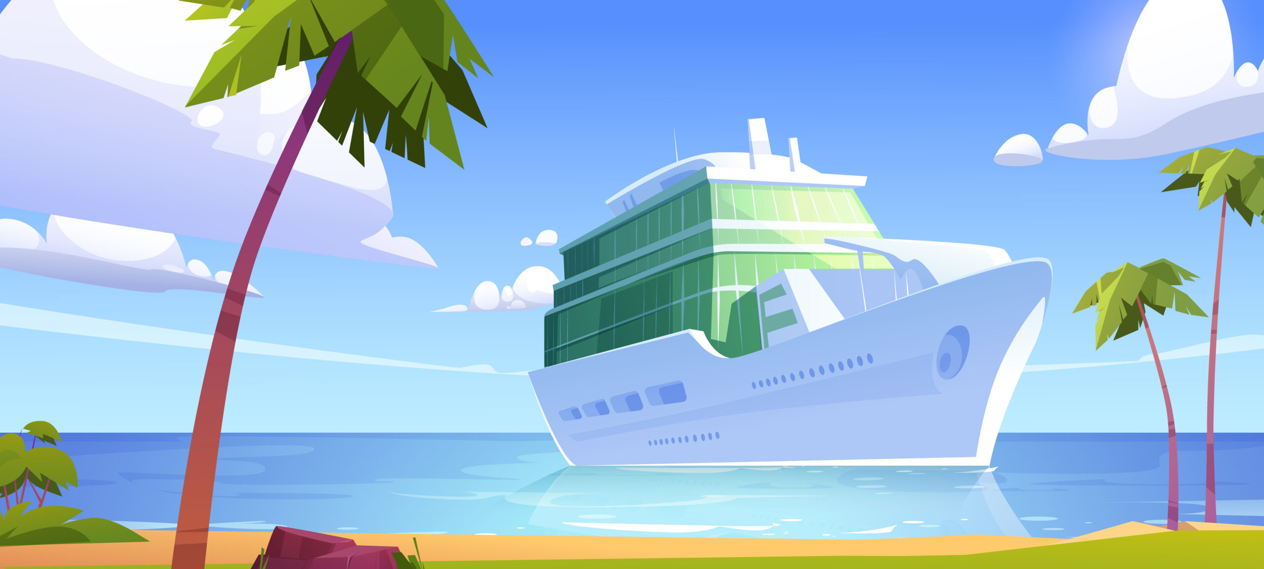Cartoon of cruise liner moored in tropical island with palm trees and sandy beach.