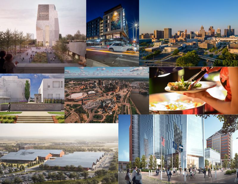 Clockwise from top left: Obama Presidential Center; Hotel Celare, Cincinnati; Detroit skyline; Iowa Events Center; ICC Expansion & Hotel; American Royal Campus, KSK; Italian-American Cultural Center; RiverCentre, St. Paul.