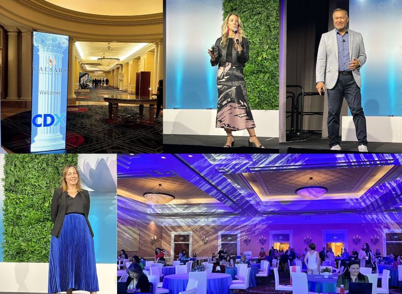 Clockwise from top left: Entrance to CDX, Caesars Palace; Rebecca DeLuca, LVCVA; Junior Tauvaa, PCMA; Caesars ballroom; Tammy Moore, PCMA.